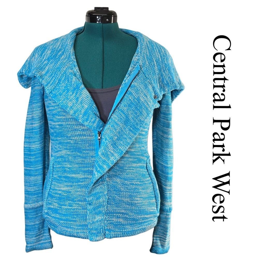 Central Park West Knit Zip Up Cardigan Womens Medium Blue Cotton Viscose